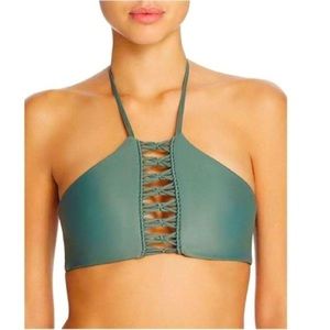 MIKOH SWIMWEAR West Oz Crochet Halter Bikini Top in Army Green Size XS